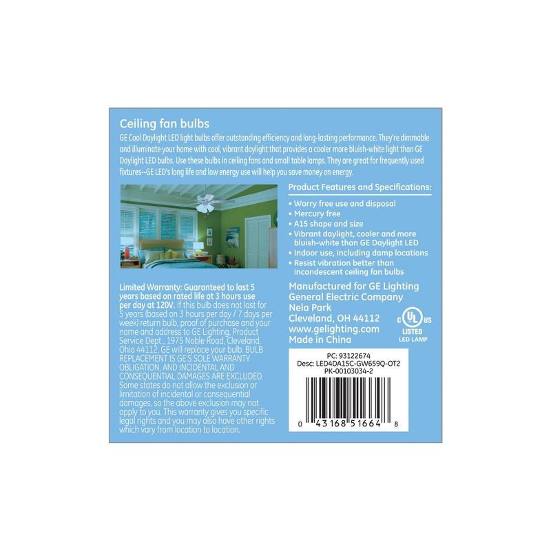 slide 2 of 3, GE Household Lighting GE 2pk 40W A15 LED Ceiling Fan Light Bulbs Clear Daylight Cool, 2 ct