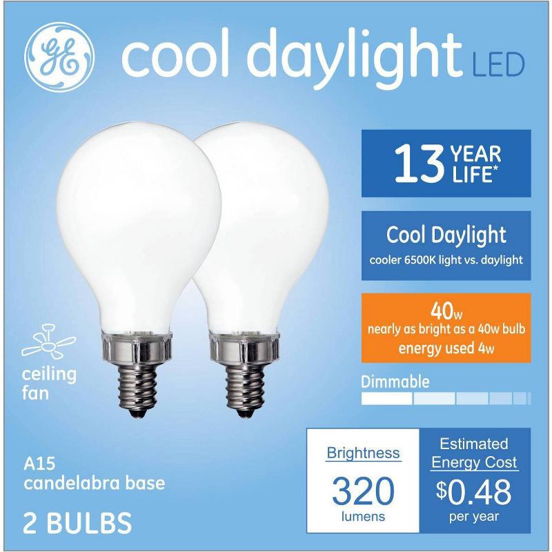 slide 1 of 3, GE Household Lighting GE 2pk 40W A15 LED Ceiling Fan Light Bulbs Clear Daylight Cool, 2 ct