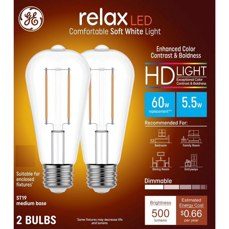 slide 1 of 5, GE Household Lighting GE 2pk 60W Relax ST19 LED Edison Style Light Bulbs Soft White, 2 ct