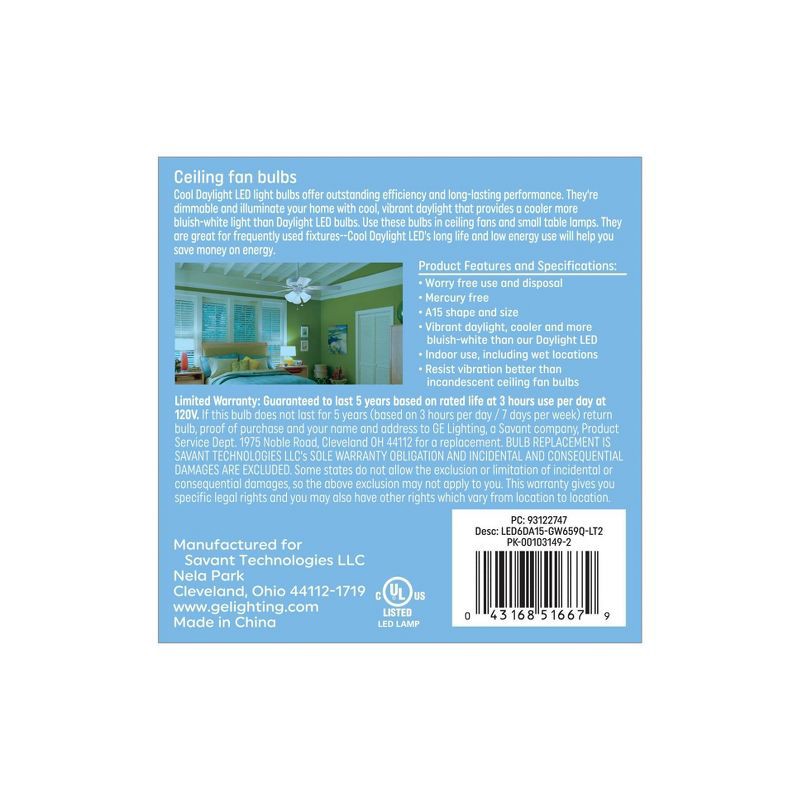 slide 2 of 3, GE Household Lighting GE 2pk 60W A15 LED Ceiling Fan Light Bulbs Cool Daylight, 2 ct