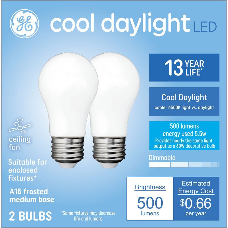 slide 1 of 3, GE Household Lighting GE 2pk 60W A15 LED Ceiling Fan Light Bulbs Cool Daylight, 2 ct