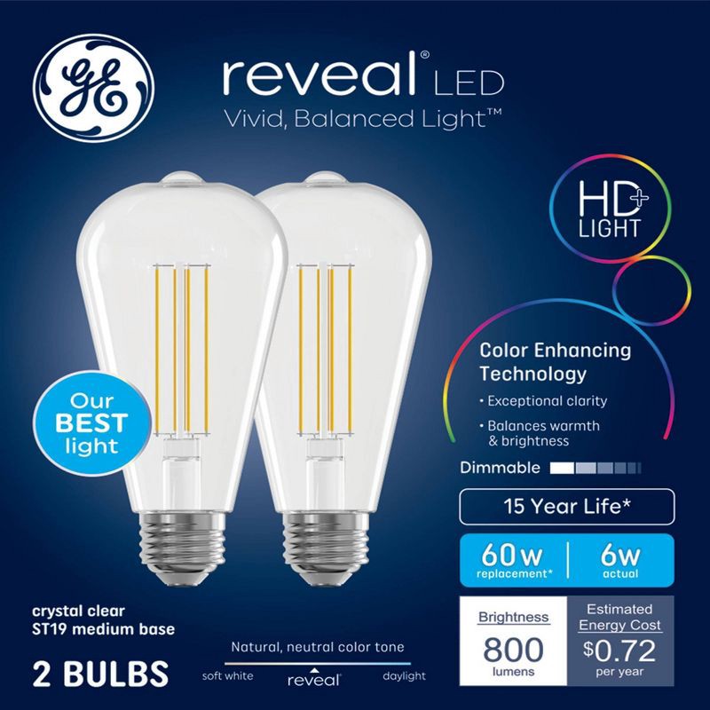 slide 2 of 8, GE Household Lighting GE 2pk 60W Reveal ST19 LED Edison Style Light Bulbs, 2 ct