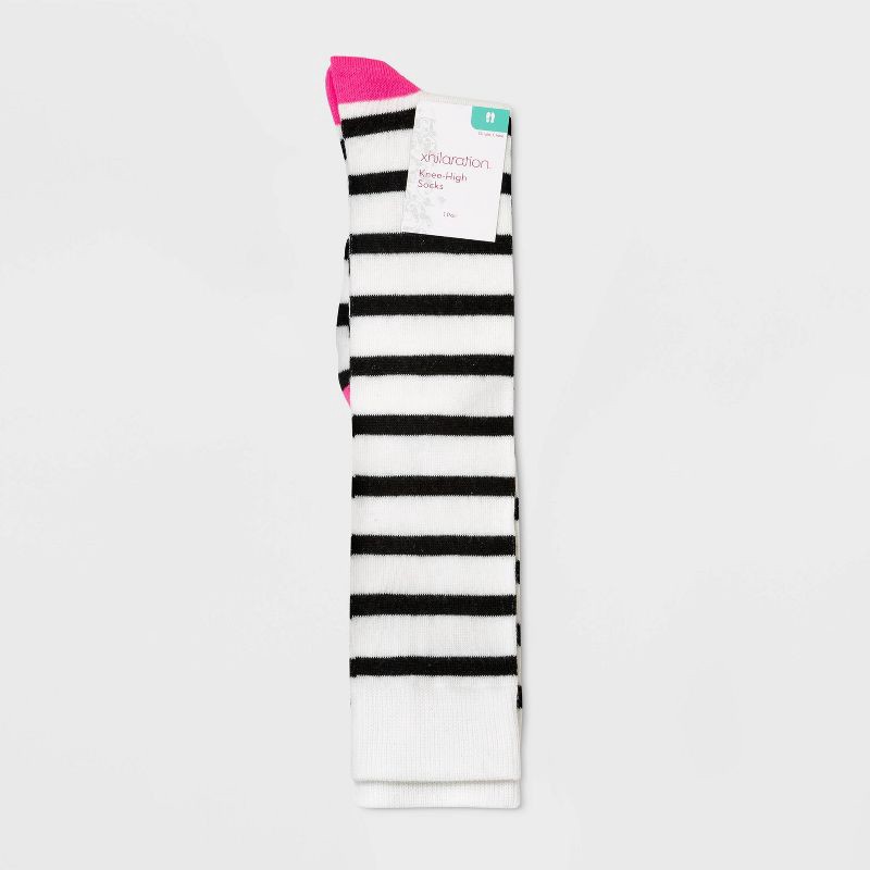 slide 2 of 2, Women's Striped Knee High Socks - Xhilaration™ White/Black/Pink 4-10, 1 ct