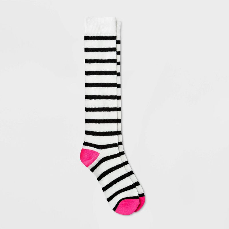 slide 1 of 2, Women's Striped Knee High Socks - Xhilaration™ White/Black/Pink 4-10, 1 ct