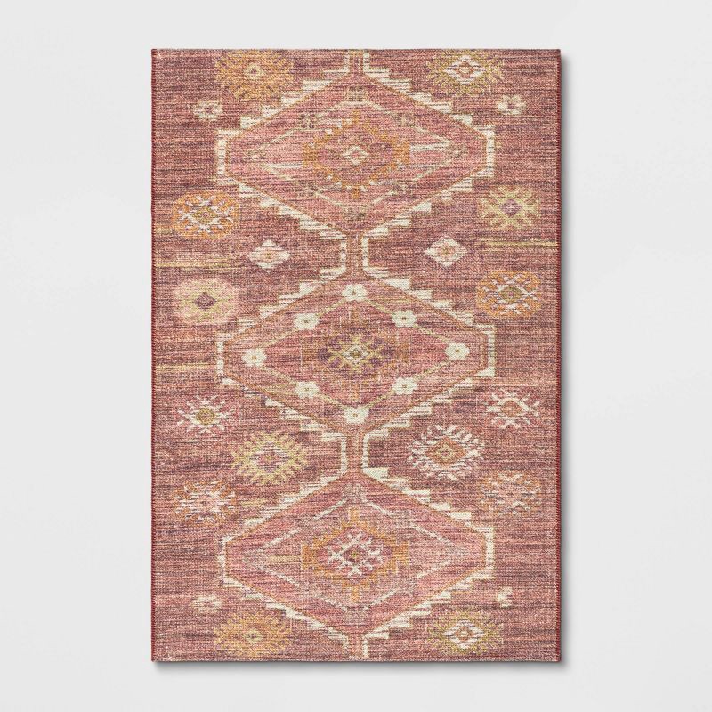 slide 1 of 4, 4'x6' Washable Southbury Printed Diamond Persian Style Rug Rust - Threshold™: Geometric Low Pile Skid-Resistant Rug, 1 ct