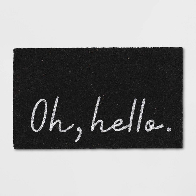 slide 1 of 3, 1'6"x2'6" Oh Hello Doormat Black - Threshold™: Outdoor Welcome Mat, Coir & Latex, Traditional Typography Design, 1 ct