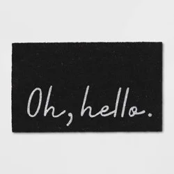 1'6"x2'6" Oh Hello Doormat Black - Threshold™: Outdoor Welcome Mat, Coir & Latex, Traditional Typography Design
