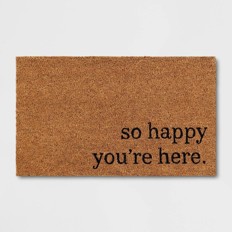 slide 1 of 4, 1'6"x2'6" So Happy You're Here Doormat Natural - Threshold™: Outdoor Welcome Mat, Front Door, Medium Pile, 1 ct