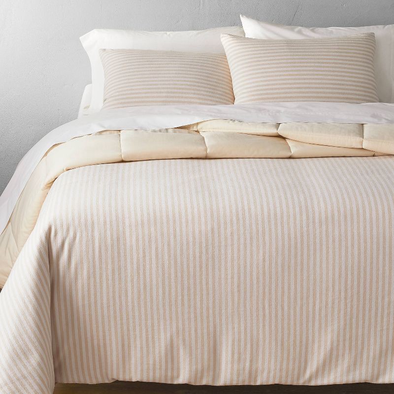 slide 1 of 8, Full/Queen Heavyweight Linen Blend Stripe Comforter & Sham Set Natural - Casaluna™: Woven Rayon, Year-Round Use, 1 ct