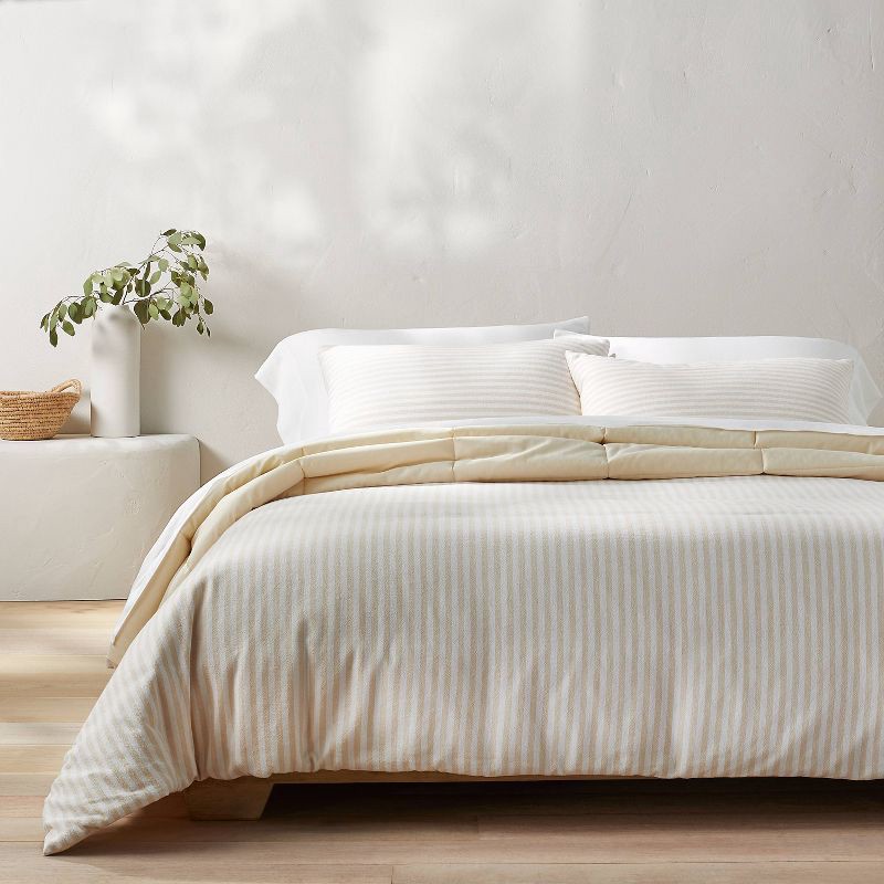 slide 2 of 8, King Heavyweight Linen Blend Stripe Comforter & Sham Set Natural - Casaluna™: Woven Rayon-Linen, Zipper Shams, 1 ct