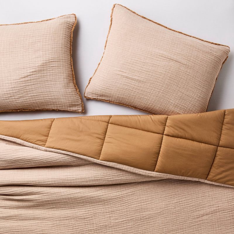 slide 3 of 8, Full/Queen Textured Chambray Comforter & Sham Set Warm Brown - Casaluna™: OEKO-TEX Certified, 250 Thread Count, 1 ct