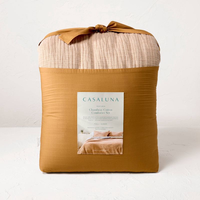 slide 6 of 8, Full/Queen Textured Chambray Comforter & Sham Set Warm Brown - Casaluna™: OEKO-TEX Certified, 250 Thread Count, 1 ct