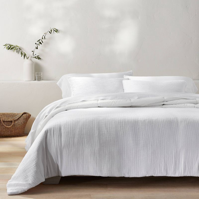 slide 2 of 8, Full/Queen Textured Chambray Cotton Comforter & Sham Set White - Casaluna™: OEKO-TEX Certified, 250 Thread Count, 1 ct