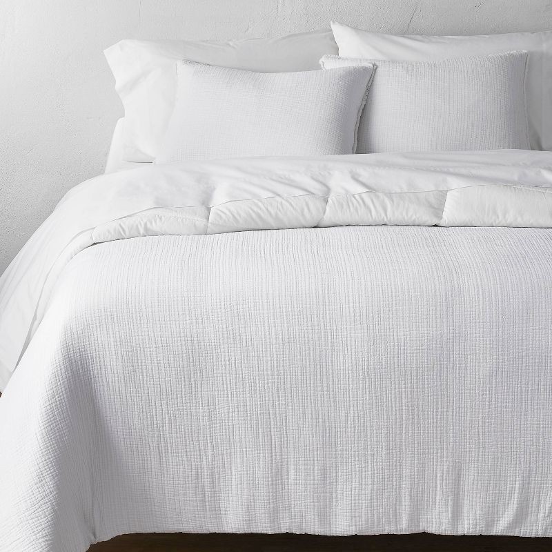 slide 1 of 8, Full/Queen Textured Chambray Cotton Comforter & Sham Set White - Casaluna™: OEKO-TEX Certified, 250 Thread Count, 1 ct