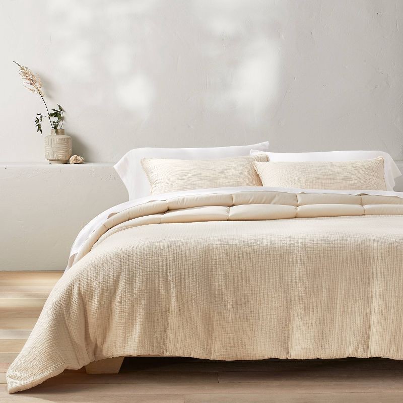 slide 2 of 8, Full/Queen Textured Chambray Cotton Comforter & Sham Set Natural - Casaluna™: OEKO-TEX Certified, 250 Thread Count, 1 ct