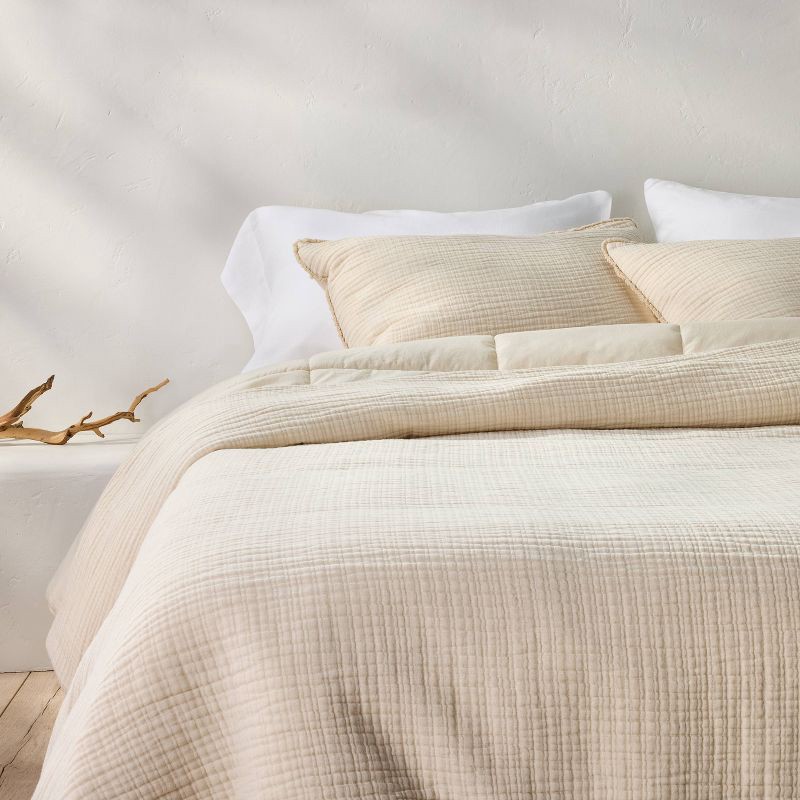 slide 1 of 8, Full/Queen Textured Chambray Comforter & Sham Set Natural - Casaluna™: OEKO-TEX Certified, 250 Thread Count, 1 ct