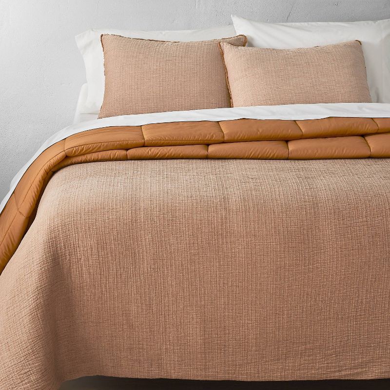 slide 1 of 8, King Textured Chambray Cotton Comforter & Sham Set Warm Brown - Casaluna™: OEKO-TEX Certified, Zipper Closure, 250 Thread Count, 1 ct