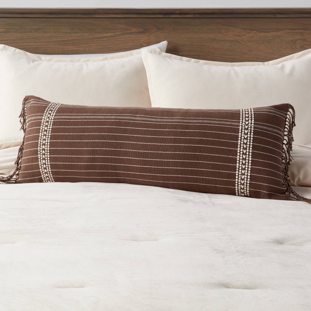 slide 2 of 4, Oblong Oversized Stripe Fringe Decorative Throw Pillow Brown - Threshold, 1 ct