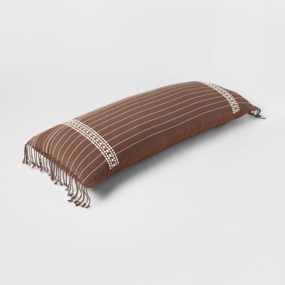 slide 4 of 4, Oblong Oversized Stripe Fringe Decorative Throw Pillow Brown - Threshold, 1 ct