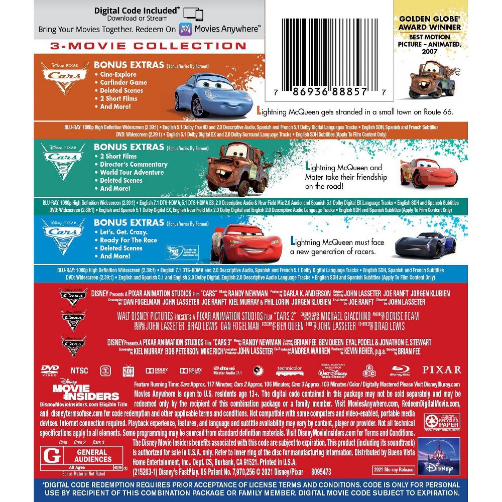 slide 2 of 2, Disney Cars: 3-Movie Collection (Blu-ray + DVD + Digital), 1 ct