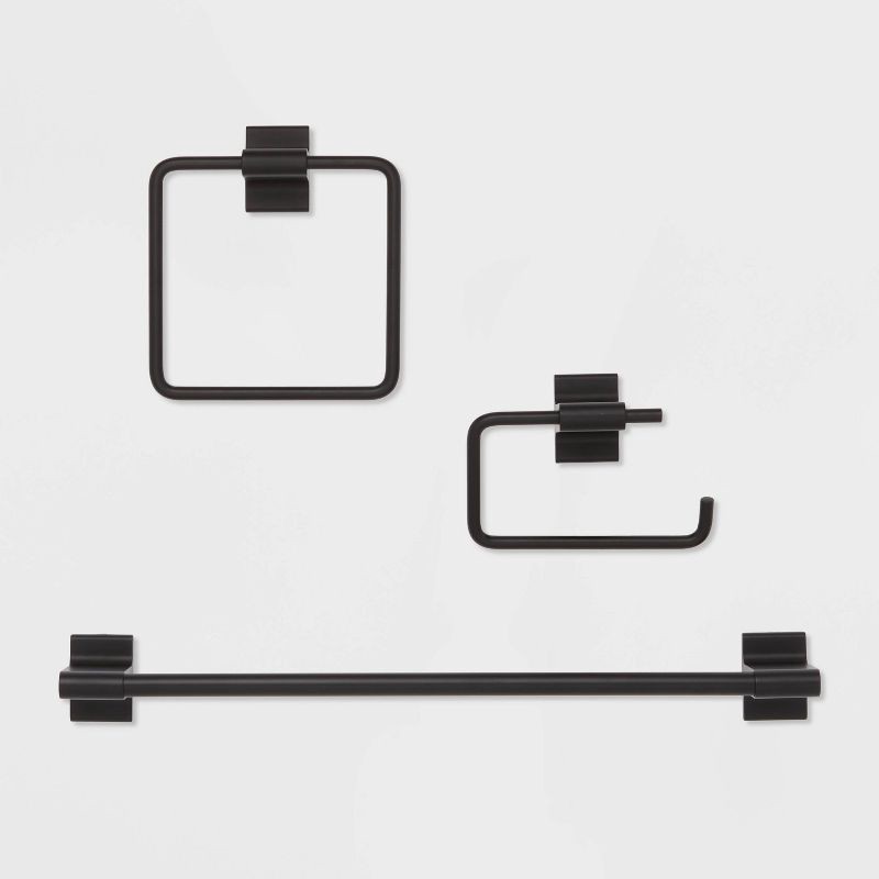 slide 1 of 3, 3pc Modern Bath Hardware Set Black - Threshold™: Zinc & Stainless Steel, Includes Toilet Tissue Holder, 3 ct