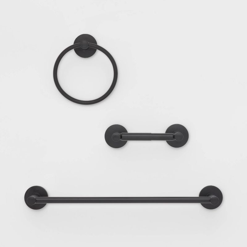 slide 1 of 3, 3pc Bath Hardware Set Black - Threshold™: Metal Bathroom Accessories, Includes Towel Ring & Tissue Holder, 3 ct