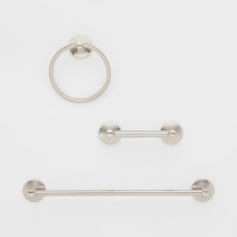 slide 1 of 3, 3pc Bath Hardware Set Brushed Nickel - Threshold™: Includes Towel Ring, Tissue Holder, Metal Finish, 3 ct
