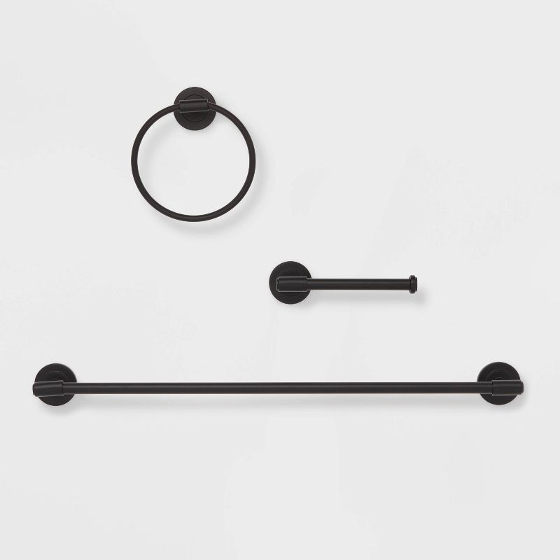slide 1 of 3, 3pc Clean Bath Hardware Set Black - Threshold™: Zinc & Stainless Steel, Includes Toilet Tissue Holder, 3 ct