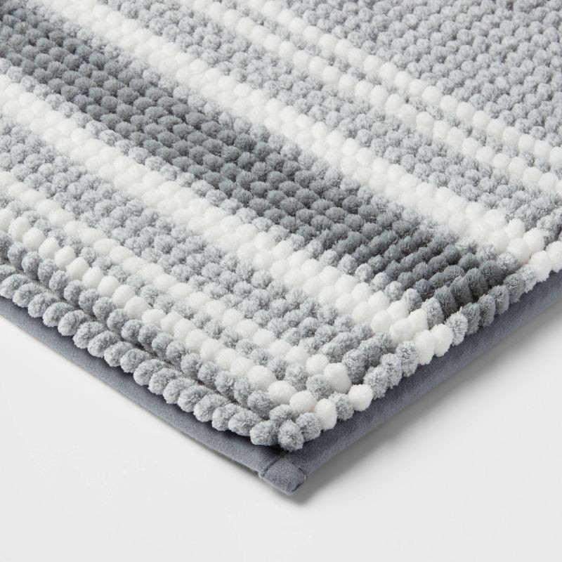 slide 3 of 4, 20"x34" Low Chenille Memory Foam Bath Rug Gray Stripe - Threshold™: Recycled Polyester, Machine Washable, OEKO-TEX Certified, 1 ct