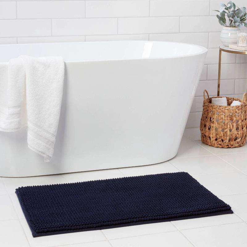 slide 2 of 4, 20"x34" Low Chenille Memory Foam Bath Rug Navy - Threshold™: Recycled Polyester, Machine Washable, OEKO-TEX Certified, 1 ct