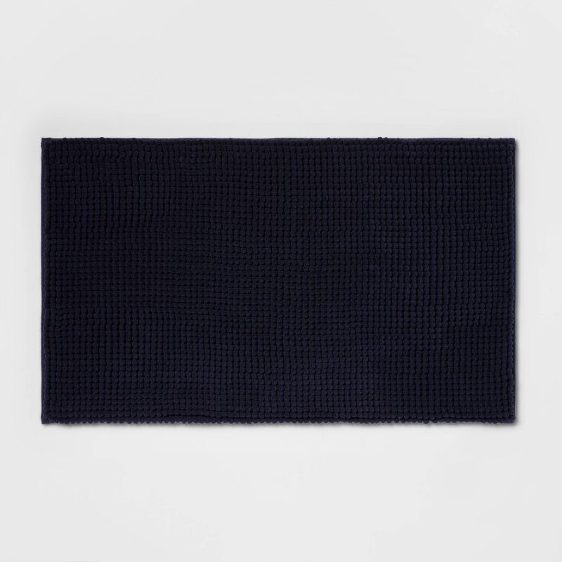 slide 1 of 4, 20"x34" Low Chenille Memory Foam Bath Rug Navy - Threshold™: Recycled Polyester, Machine Washable, OEKO-TEX Certified, 1 ct
