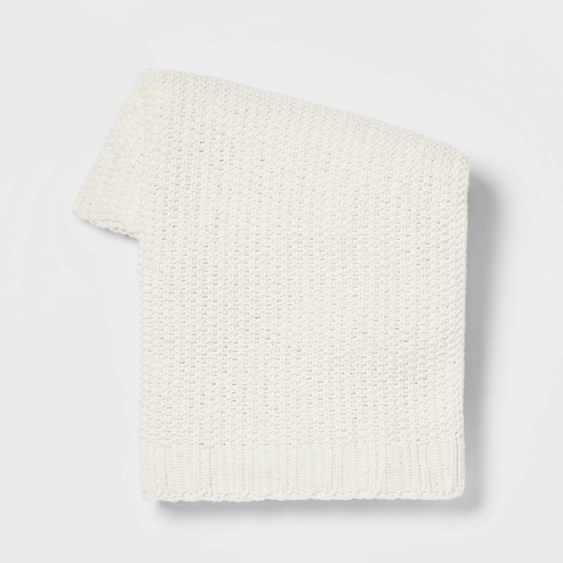 slide 1 of 5, Solid Chenille Knit Throw Blanket Cream - Threshold™, 2.2 lb