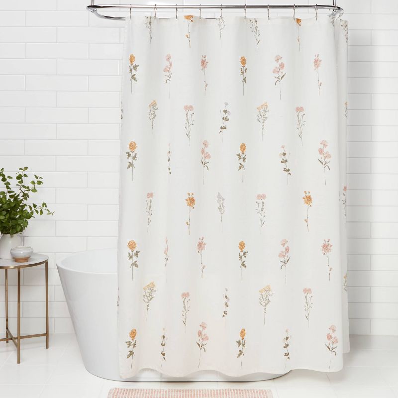 slide 2 of 4, Botanical Floral Shower Curtain - Threshold™: Cotton Fabric, Machine Washable, Buttonhole Top, 1 ct