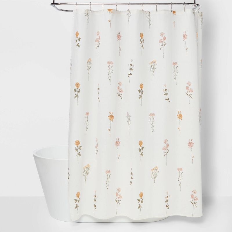 slide 1 of 4, Botanical Floral Shower Curtain - Threshold™: Cotton Fabric, Machine Washable, Buttonhole Top, 1 ct