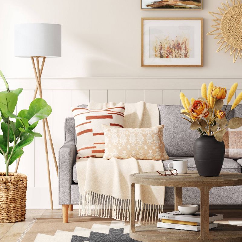 slide 1 of 4, 59"x18.5" Modern Tripod Floor Lamp Natural - Threshold™: Linen Shade, Metal Body, ETL Listed, 3-Way Switch, 1 ct