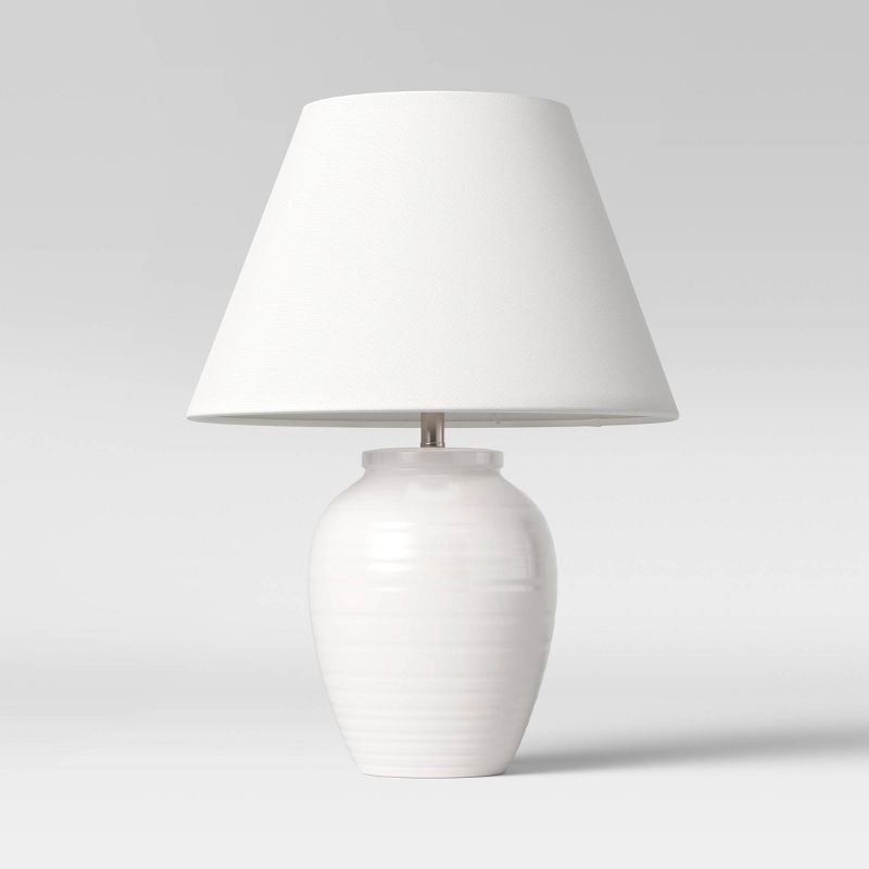 slide 2 of 3, 16.5"x13" Turned Ceramic Table Lamp White - Threshold™: Modern Accent, Linen Shade, No Assembly Required, 1 ct