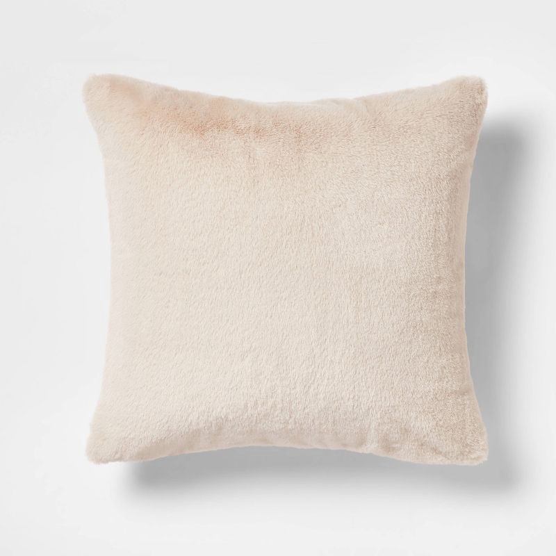 slide 1 of 4, Faux Rabbit Fur Square Throw Pillow Neutral - Threshold™, 1 ct