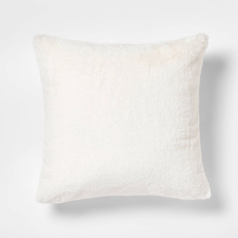 slide 1 of 4, Faux Rabbit Fur Square Throw Pillow Cream - Threshold™: Decorative Cushion for Indoor, Removable Cover, Zip Closure, 1 ct