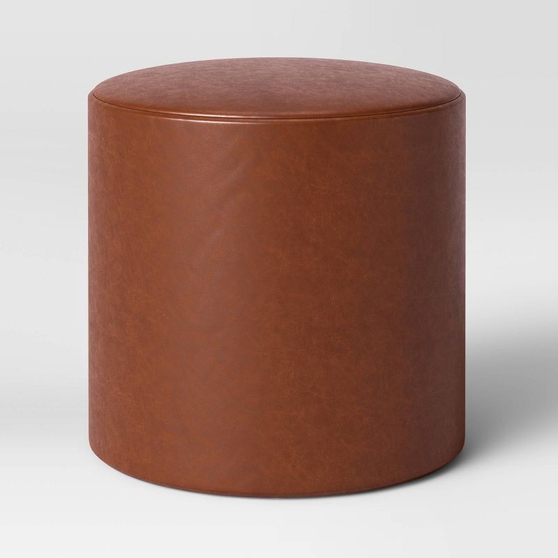 slide 2 of 4, Bodrum Round Upholstered Ottoman Caramel Faux Leather - Threshold™: Padded, No Assembly Required, 1 ct
