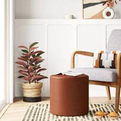 Bodrum Round Upholstered Ottoman Caramel Faux Leather - Threshold™: Padded, No Assembly Required