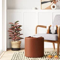 Bodrum Round Upholstered Ottoman Caramel Faux Leather - Threshold™: Padded, No Assembly Required