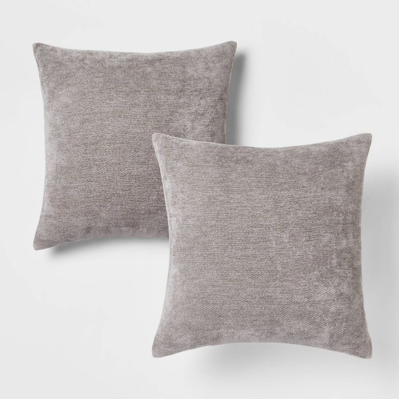 slide 1 of 4, 2pk Chenille Square Throw Pillows Gray - Threshold™: Decorative Indoor Cushions, Knife Edge Design, Polyester Fill, 2 ct