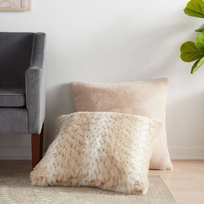 slide 2 of 4, Oversized Faux Rabbit Fur Square Throw Pillow Neutral - Threshold™: Cozy Decorative Cushion for Indoor Use, 1 ct