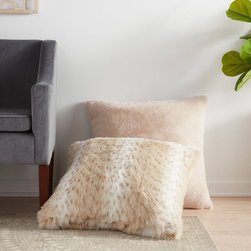slide 2 of 4, Oversized Faux Rabbit Fur Square Throw Pillow Neutral - Threshold™, 1 ct