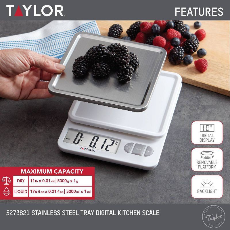 slide 7 of 8, Taylor Digital Kitchen 11lb Food Scale with Removable Tray Stainless Steel Platform, 11 lb
