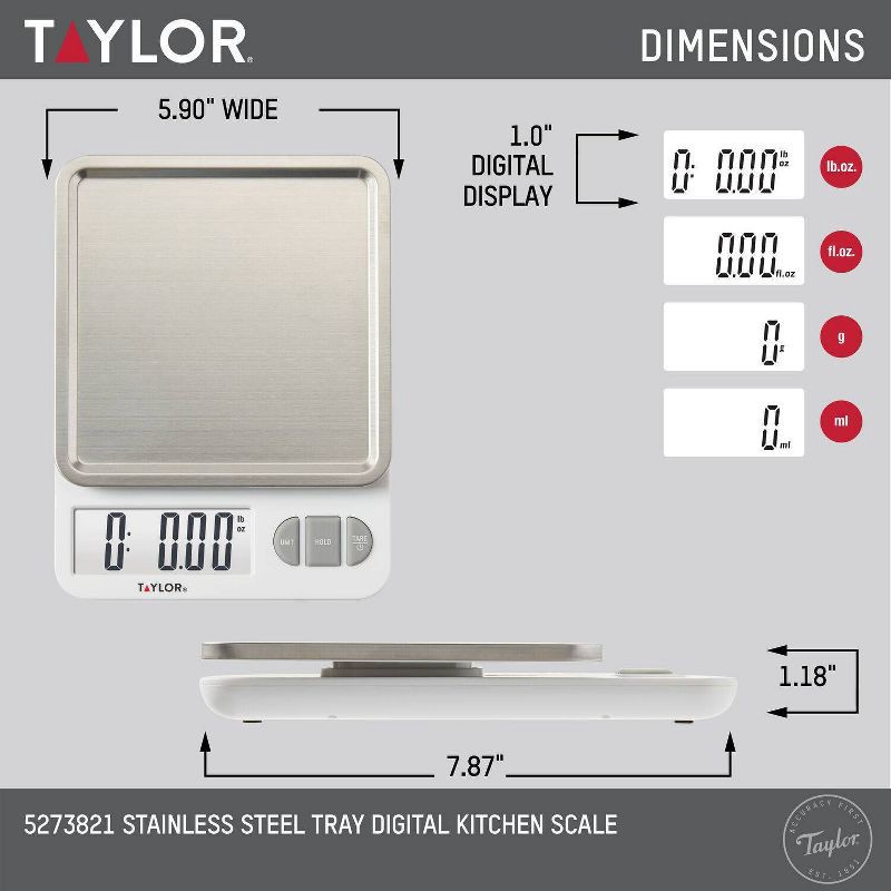 slide 8 of 8, Taylor Digital Kitchen 11lb Food Scale with Removable Tray Stainless Steel Platform, 11 lb