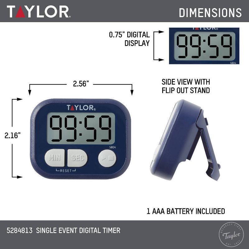 slide 6 of 6, Taylor Digital Multi-Purpose Timer Blue: Kitchen & Stopwatch Timer, Digital Display, Battery Included, Magnet & Freestanding, 1 ct