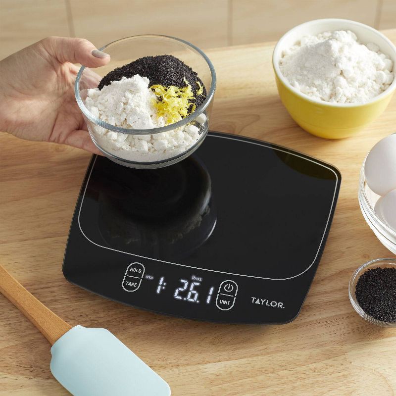 slide 10 of 11, Taylor Waterproof Digital Kitchen 11 lb Food Scale Black: LCD Display, Battery Powered, Measures, 11 lb