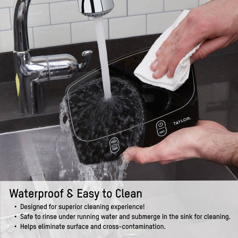 slide 5 of 11, Taylor Waterproof Digital Kitchen 11 lb Food Scale Black: LCD Display, Battery Powered, Measures, 11 lb