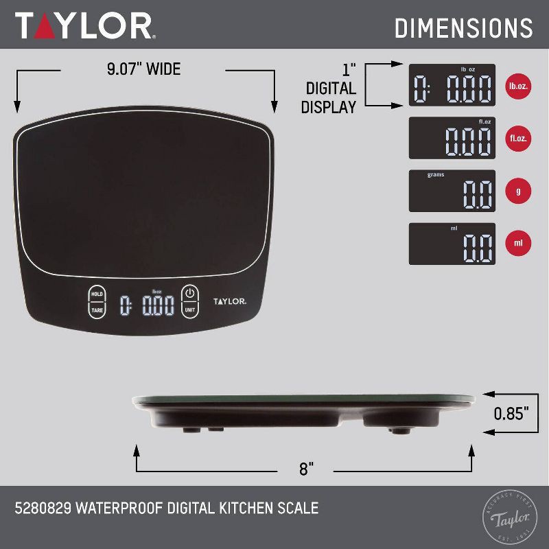 slide 9 of 11, Taylor Waterproof Digital Kitchen 11 lb Food Scale Black: LCD Display, Battery Powered, Measures, 11 lb